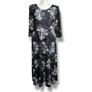 LBISSE Womens Dress Floral Short Sleeve Midi Round Neck Pullover Navy Blue 2X